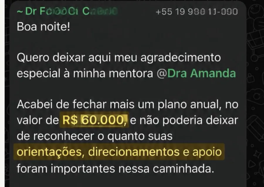 Depoimento sobre o fechamento de um plano anual de R$ 60 mil
