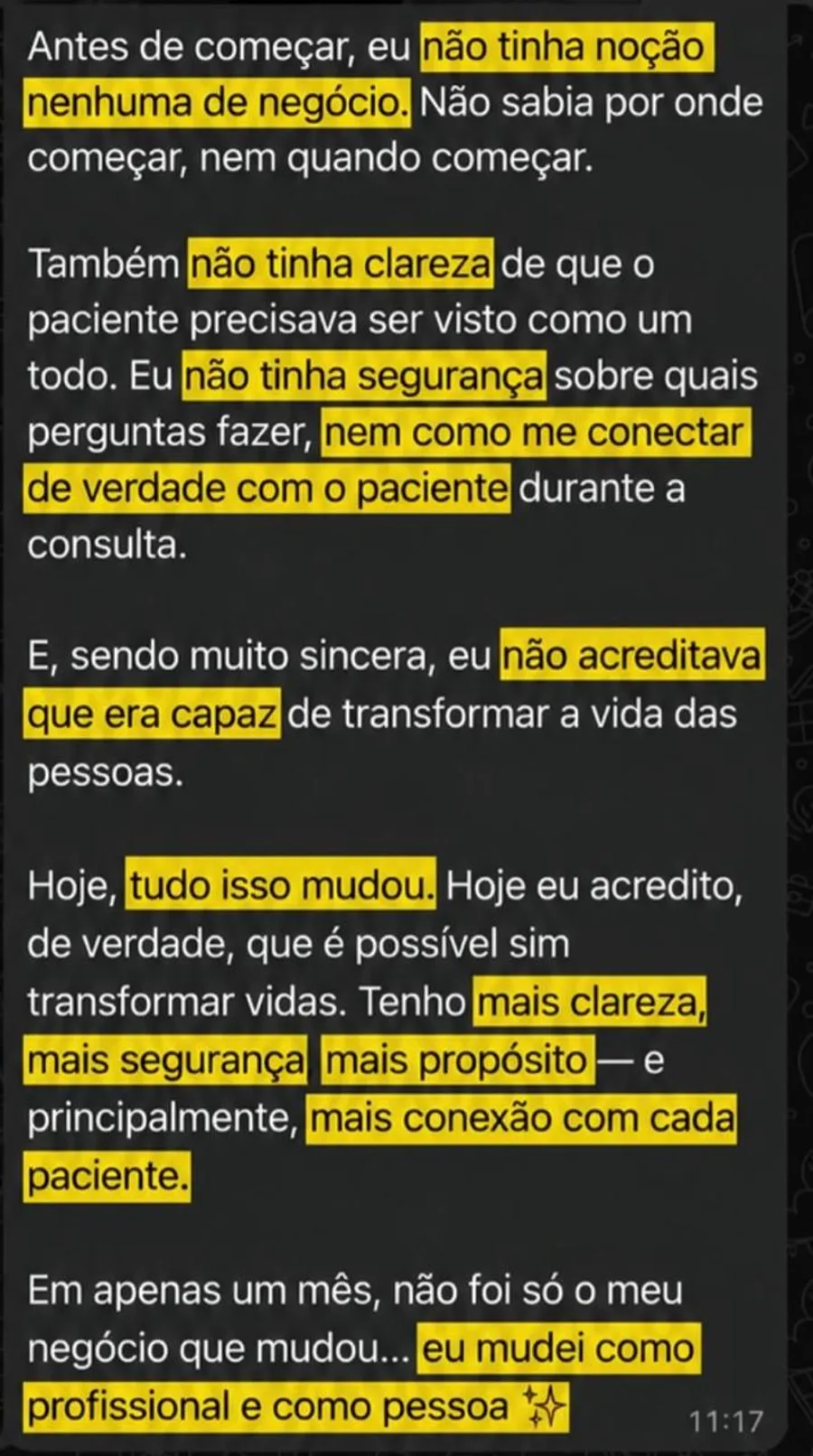 Depoimento sobre clareza, segurança e conexão com pacientes